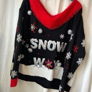 Holiday Time Festive Black and Red Off-the-Shoulder Sweater Snow Way